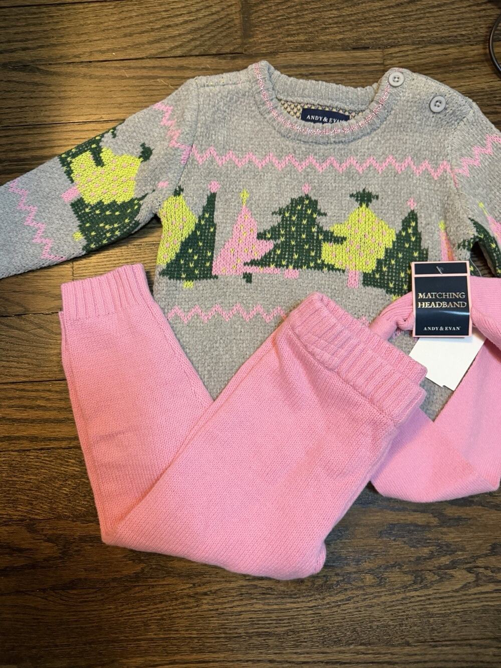 Andy & Evan GirlsGrey Chenille Xmas Tree Sweater Set 12-18 Months W/headband NWT